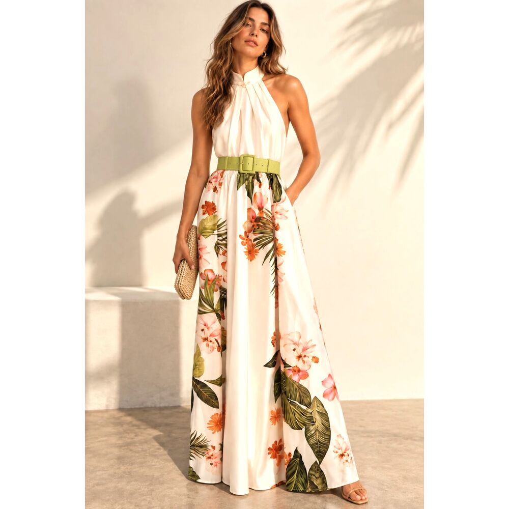 FEHAUTE Floral Halter Maxi Dress Ivory Tropical Floral Sleeveless A-Line